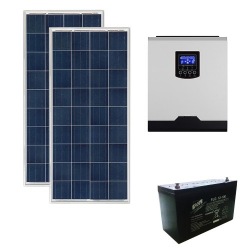 Home DIY off-grid photovoltaic KIT system composed by 2 PV poly modules 150Wp 1 hybrid inverter 1000W power and 1 100Ah battery